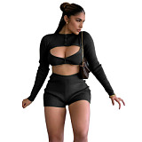 Newest Design Casual Solid Color Long Sleeve Hollow Out Sexy Fall Set Woman Shorts Sportswear Ladies 2 Piece Set