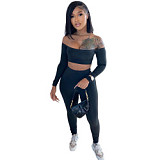 Hot Selling Casual Solid Color One-shoulder Sexy Fall Crop Top 2 Piece Set Women Bodycon Two Piece Pants Set