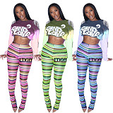 New Arrival Autumn Casual Tie-dye Printing Tassels Sequin Stripe Crop Top 2 Piece Set Women Clothing Two Piece Pants Set