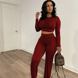 New Arrival Casual Solid Color Long Sleeve Pleated Crop Top Loose Pants Fall Set Woman 2 Piece Set Women Two Piece Pants Set