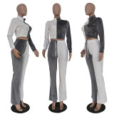 New Arrival Autumn Winter Casual Double Color Velour Jacket And Flared Trousers 2 Piece Set Women Clothing Two Piece Pants Set