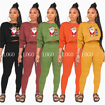New Trendy Christmas Solid Color Santa Claus Print Fall Crop Top 2 Piece Set Women Clothing Two Piece Pants Set