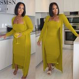 SMSN AOMEI Lowest Price 2021 Fall New Solid Color Long Sleeve Cardigan And Bodycon Dress Set Women Two Piece Skirt Set