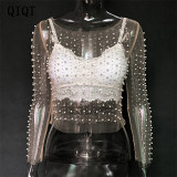 Women T Shirt Spring Hollow Out Pearl Print See-Through Mesh Top Lace Women Blouse Tops