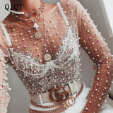 Women T Shirt Spring Hollow Out Pearl Print See-Through Mesh Top Lace Women Blouse Tops