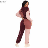 Trendy 2021 Hooded Color Block Patchwork Casual Two Piece Pants Set Jogger Women Two Piece Set Tracksuit