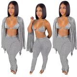Fashionable Fall Solid Color Sexy 3 Piece Set Women Clothing Knitting Three Piece Pants Set
