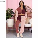 Trendy 2021 Hooded Color Block Patchwork Casual Two Piece Pants Set Jogger Women Two Piece Set Tracksuit