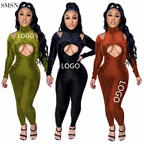 Hot Selling solid color long sleeve velvet Women Jumpsuits And Rompers fall fashion hollow out One Piece Jumpsuits