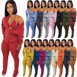 Fashionable Fall Solid Color Sexy 3 Piece Set Women Clothing Knitting Three Piece Pants Set