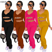 New Arrival Solid Color Casual Two Piece Set Women Clothing Hollow Out Top And Stacked Pants Women Outfits Two Piece Sets