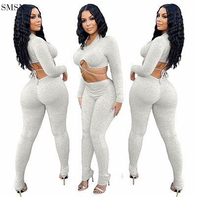 New Arrival Fashion Solid Color Crop Top Women Fall Sets Casual Women Two Piece Pants Set