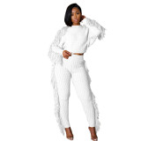 Hot Selling Autumn Winter Casual Solid Color Knitting Sweater Tassel Diagonal Collar Design Women Crop Top 2 Piece Pants Set