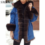 Factory S-5Xl Denim Jacket With Fur Plus Size Women Jackets And Coats 2021 Winter Faux Fur Coat Women