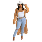 High Quality Solid Color Long Sleeve Pullover Tassels Short Front And Long Back Design Women Tops Fashionable Sweater