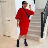 Fashionable Fall 2021 Solid Color Casual Loose Girl Dress Long Sleeve Women Dress