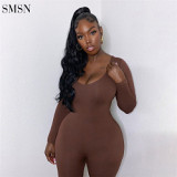 Wholesale High Waist Deep Neck Sexy Solid Color Fall Womens One Piece Jumpsuits Bodycon Sport Black Jumpsuit