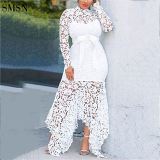 Irregular Stand Collar System Hollow Out Dresses Lady Party Vintage Long Sleeve Prom White Lace Dress