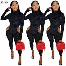 New Arrival 2021 Fall Black Sexy Hollow Out Jumpsuits Women Long Sleeve One Piece Jumpsuit
