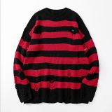 New Trendy Striped Holes Mens Knit Sweater Fashion Round Collar Long Sleeve Knitted Sweater Men
