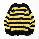 New Trendy Striped Holes Mens Knit Sweater Fashion Round Collar Long Sleeve Knitted Sweater Men