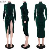Newest Design Solid Color High Neck Velvet Women Two Piece Set Sexy Knottedtwo Piece Skirt Set