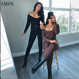 Wholesale High Waist Deep Neck Sexy Solid Color Fall Womens One Piece Jumpsuits Bodycon Sport Black Jumpsuit