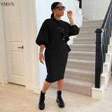 Fashionable Fall 2021 Solid Color Casual Loose Girl Dress Long Sleeve Women Dress