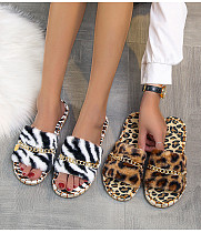 D12983 Individuality stylish handiness antiskid outdoors furry flat shoes new arrivals chain leopard slippers