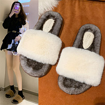 D12954 Comfort fashionable casual chain decorate thick soled peep toe keep warm bedroom flat furry slippers