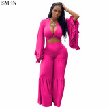 2022 New Arrivals Fall Set Woman Wide Leg Flared Pants Suit Wrap Chest Two Piece Set Women Clothing Crop Top Sexy 2 Piece Set