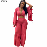 2022 New Arrivals Fall Set Woman Wide Leg Flared Pants Suit Wrap Chest Two Piece Set Women Clothing Crop Top Sexy 2 Piece Set