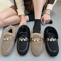 D12994 Internet celebrity new style cute pearl decorate solid color keep warm fashion latest flat shoes
