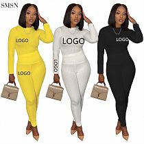 Fashionable Two Piece Set Women Clothing Womens Solid Color  Long Sleeve Rib 2 Piece Casual Sets