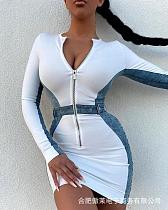 Wholesale fashion patchwork zipper long sleeve bodycon ladies dress