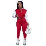Fall Winter 2021 Women Solid Color Contrast Color Button Outfit Baseball Jacket Women Baseball Two Piece Pants Set