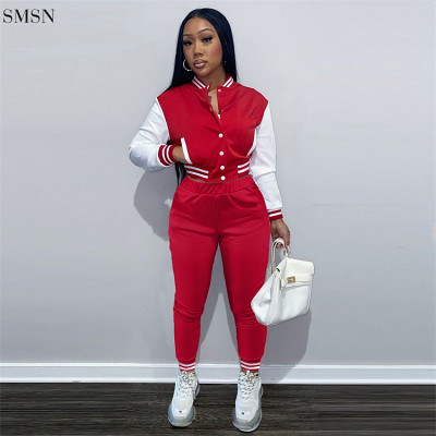 Fall Winter 2021 Women Solid Color Contrast Color Button Outfit Baseball Jacket Women Baseball Two Piece Pants Set