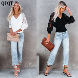 New Trendy Amazon Top Seller T Shirts Custom Lace Tops Polyester Womens Blouse Women Clothes 2021