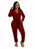 High Quality Fashion Defined Waist Winter velvet Jumpsuits With Pocket Long Sleeve Hooded Trending Women One Piece Jumpsuit