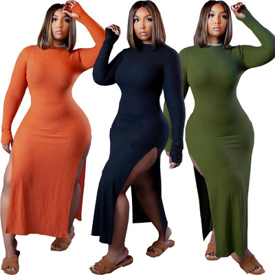 Wholesale 2021 autumn And winter large size women's Solid color sexy fashion skirt swing slit Casual dress Women Bodycon Dress