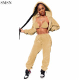 New Trendy Women Sets Two Piece Casual Hooded Zipper Coat Fluffy Winter Stretch Sexy Sports Three-Piece Set
