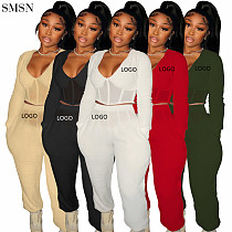 Latest Design Two Piece Pants Set Fall V-Neck Mesh Stitching Solid Color Sexy Elastic Two-Piece Set