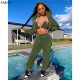 New Trendy Women Sets Two Piece Casual Hooded Zipper Coat Fluffy Winter Stretch Sexy Sports Three-Piece Set