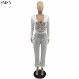 Latest Design Two Piece Pants Set Fall V-Neck Mesh Stitching Solid Color Sexy Elastic Two-Piece Set