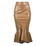 2022 new arrivals Fashion Solid Color Long Skirts For Women Ruffle Midi Girls' Skirt Leather Pu Women Skirt