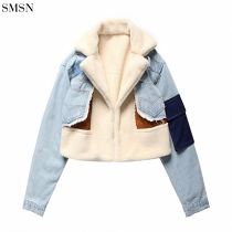 New Arrival 2021 Korean Coat Women Winter Jeans With Fleece Stitching Lamb Short Jacket Cotton-Padded Jacket