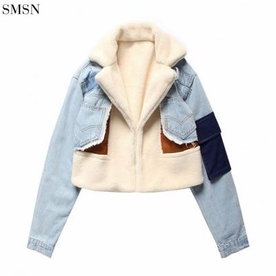 New Arrival 2021 Korean Coat Women Winter Jeans With Fleece Stitching Lamb Short Jacket Cotton-Padded Jacket