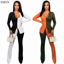 Latest Design Two Piece Pants Set Fall New Long Sleeve Pure Color Splicing Casual Two-Piece Set
