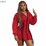 Good Quality Solid Color Long Sleeve Zipper With Bandage Decoration Mini Dress 2021 Sexy Woman Casual Dress