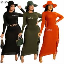 New Style Autumn Solid Color Long Sleeve Career Dresses Fashion Tassel Girls Dresses
